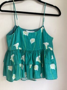Caroline Constas Nadine Tank XS Teal Silk Tiered Top Calla Lillies Peplum Flowy
